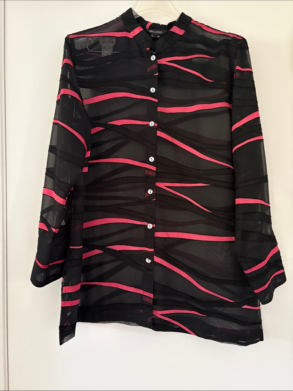 “Multiples” Sheer, Black Elegant Over-Jacket With Pink Stripe Accents Large